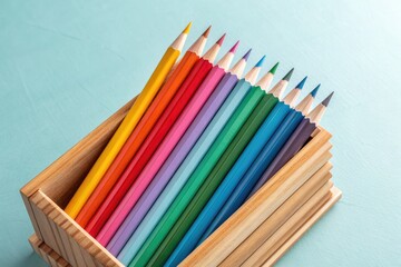 Obraz premium Vibrant Colored Pencils Arranged Neatly in a Wooden Box on a Blue Surface