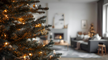 Cozy festive Christmas holiday home interior. decorated tree in living room with warm, peaceful winter background showing fireplace for magical, relaxing atmosphere