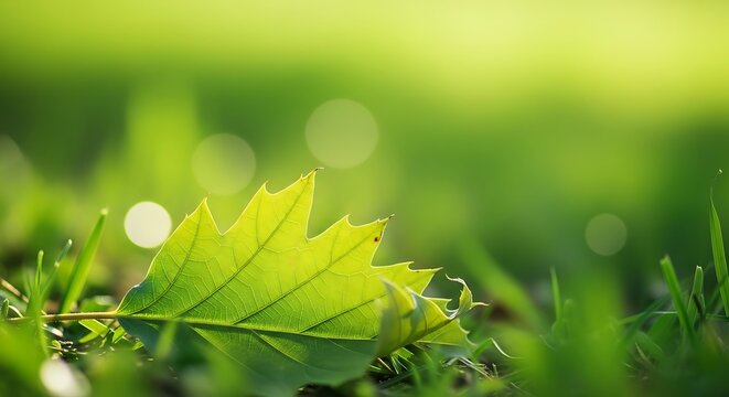 Single vibrant leaf resting in sunlit grass, serene nature scene