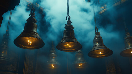 Obraz premium Mysterious ancient temple bells illuminated by flickering flames, evoking spiritual awe and tradition.