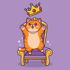 Cute Orange Tabby Cat Vector Illustration Sitting Joyfully on a Royal Chair with Crown and Sparkles