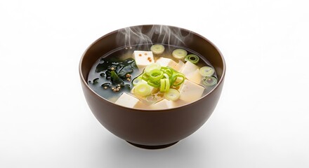 Steaming bowl of miso soup featuring tofu seaweed and green onions a traditional Japanese dish perfect for healthy eating and culinary exploration with authentic asian cuisine