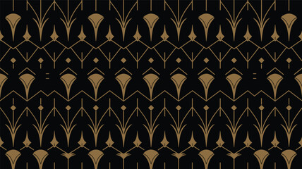 Art Deco geometric pattern with gold fan and leaf motifs on black