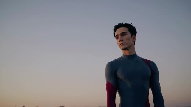 man standing in wetsuit at sunset. athlete looking toward skyline in urban dusk. swimmer training mindset with fitness focus and wellness tone. lifestyle portrait shows calm resolve and strength.