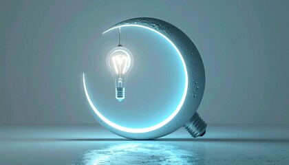 A vibrant light bulb illuminates a futuristic, glowing crescent, representing groundbreaking concepts, insightful solutions, and the spark of invention