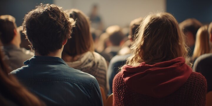 Blurred crowd of people attentively listening to a speaker at an event, concept for corporate training workshop, business conference seminar and product launch presentation