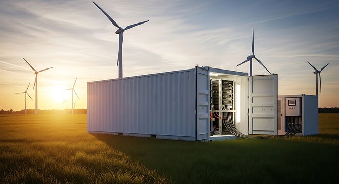 Open shipping container with servers and wind turbines at sunset