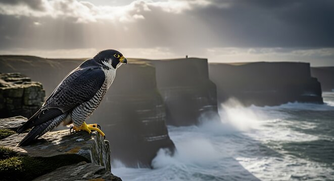 Peregrine falcon perched on cliff overlooking stormy sea and cliffs - Powered by Adobe