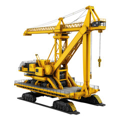 Fototapeta premium Large yellow crane on tracks with boom arm extended upwards