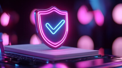 Glowing neon shield with checkmark atop document stack on reflective surface, concept for data security, contract verification and digital compliance