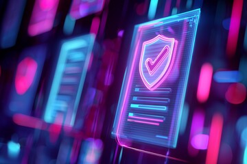 Futuristic digital interface displaying a security shield with a checkmark in vibrant neon lights, concept for data protection, network security and cyber defense