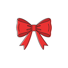 Illustration of a red bow with black outline on white background.