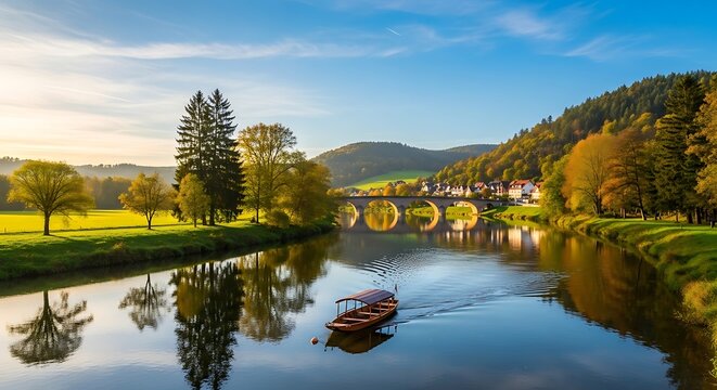 River and boat near a bridge and village at golden hour