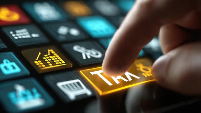 Close-up of a finger pressing a "TAX" button on a digital interface with various icons