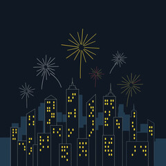 Nighttime cityscape with fireworks exploding above the illuminated buildings, celebrating.