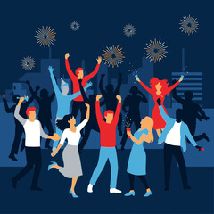 Crowd of people celebrating with fireworks in the background.