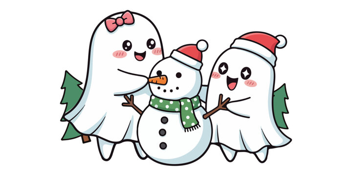 Cute Ghosts Building Snowman, Festive Kawaii Vector Stickers