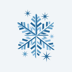 Stylized snowflake illustration with blue hues and star accents.