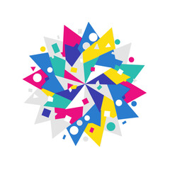 A vibrant abstract geometric starburst explosion with colorful shapes and confetti on a white background.