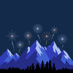 Nighttime illustration of fireworks exploding above a mountain range and city skyline.