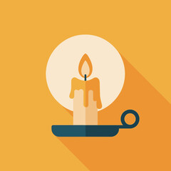 Flat design illustration of a lit candle in a holder with a long shadow against an orange background.