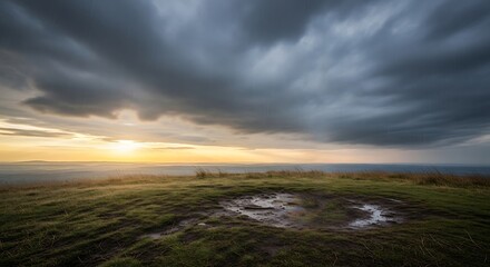 Obraz premium Stormy sunset over a grassy hilltop with a puddle