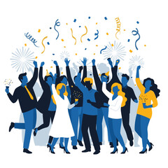 Illustration of a diverse group of people celebrating with confetti and fireworks, joyful moment.
