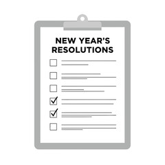 A clipboard with a list of New Year's resolutions, some of which are checked off.