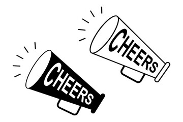 Cheers megaphone icon, Cheer bullhorn megaphone icon, Cheerleading loud sports speaker, with line style and black silhouette. Flat vector illustration design isolated on white background.