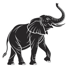 Obraz premium Stylized elephant silhouette with trunk up, isolated black and white vector illustration