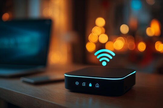 Close up of a modern black Wi-Fi router with glowing blue light on a wooden desk with blurred background, concept for home networking, data streaming and wireless connectivity