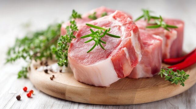 Raw pork loin chops rest on a wooden cutting board, garnished with fragrant herbs. This simple yet inviting setup is perfect for meal preparation. Fresh flavors await in the kitchen