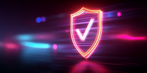 Glowing neon shield with checkmark on dark background with colorful lights, concept for data protection, network security and antivirus software