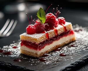 dessert on black slate with dramatic lighting and moody shadows, upscale restaurant vibe, cinematic mood & lighting