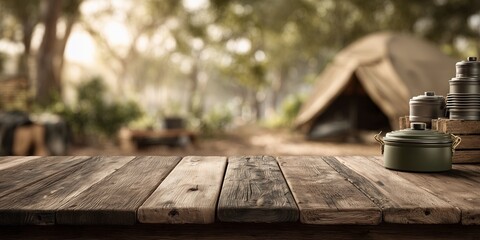 Rustic wooden table with camping cookware set in forest backdrop, concept for outdoor adventure, travel promotion and product showcase