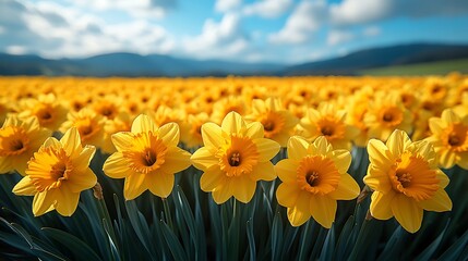 Field of yellow daffodils blooming under blue sky