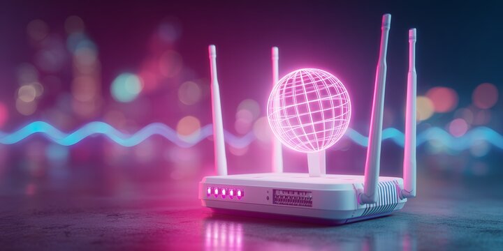 Futuristic white router with glowing globe against blurred city backdrop, concept for global communication, high speed internet and data network security