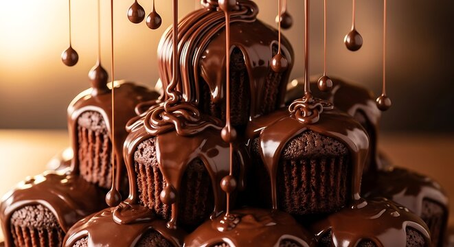 Indulgent chocolate cupcake mountain with cascade of molten ganache