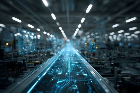 Futuristic conveyor belt system in a modern factory with glowing data streams, concept for automation, predictive maintenance and smart manufacturing