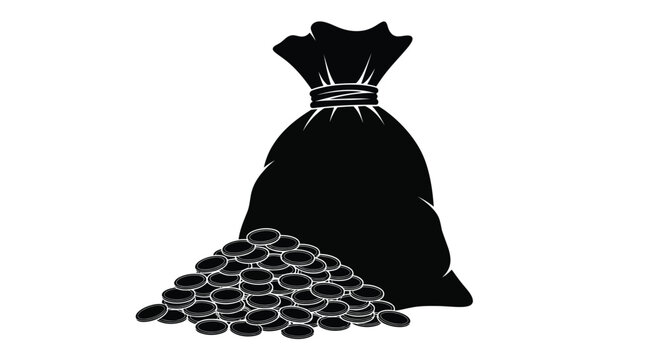 A silhouetted drawing of a bag filled with treasure and gold coins