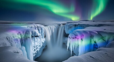 Frozen Waterfall Landscape Under Aurora Borealis Displaying Ice Covered Cliffs and Winter Wonderland Atmosphere in Arctic Scenery with Icicles and Shimmering Lights