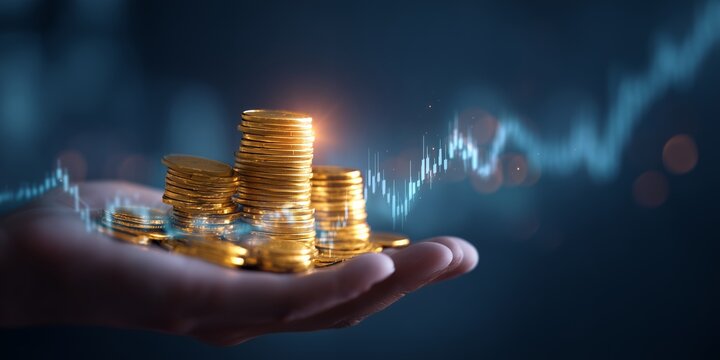 Hand holding gold coins with growth graph visualization against a dark blue backdrop, concept for investment portfolio, financial planning and wealth accumulation - Powered by Adobe