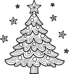 Stylized black and white Christmas tree with a star topper round ornaments and wavy branches.