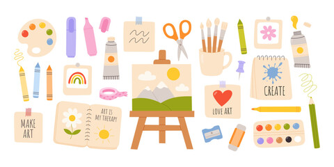 Set of painting art tools with paint, crayons, brushes, and inspirational quotes. Flat hand drawn vector illustration