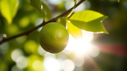 sudachi. A fresh sudachi lime on a branch against a blurred green background, morning sunlight. bar promotions, beverage menus, designed for product packaging and bar promotions.
