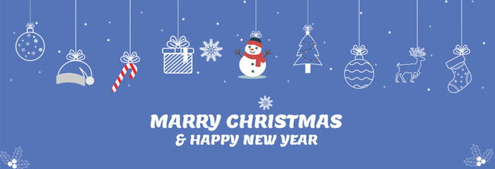 Light blue Christmas banner with hanging ornament balls and detailed festive icons for happy new year greeting.
