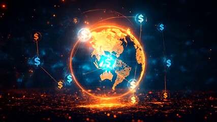 Digital globe with interconnected currency symbols glowing - Powered by Adobe