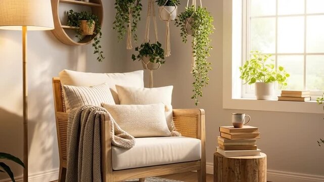 Cozy Living Room Corner with Abundant Greenery Natural Light and Comfortable Armchair