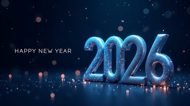 Glowing blue 2026 numbers illuminated with festive lights and bokeh