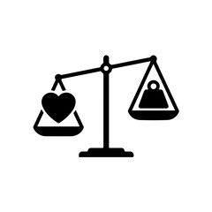 black and white design showing traditional scales perfectly balanced, with a heart (charity/empathy) on one pan. Symbolizing charity as a vital tool for achieving social justice, equality